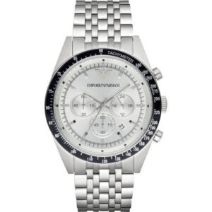 Emporio Armani Chrono Tazio XLarge stainless steel chronograph watch with white dial and black tachymeter bezel