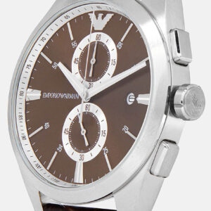 Side angle view of Emporio Armani Claudio chronograph watch showing stainless steel case and leather strap