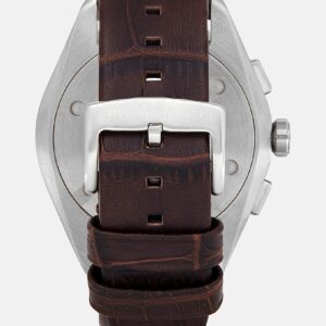 Caseback view of Emporio Armani Claudio chronograph watch with brown leather strap