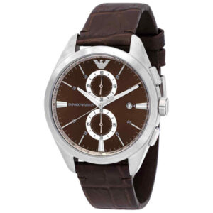 Emporio Armani Claudio chronograph watch with brown dial and white chronograph subdials on brown leather strap