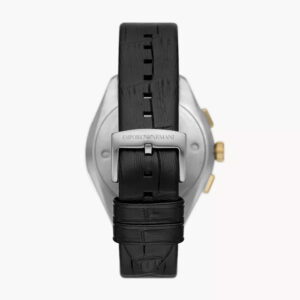 Emporio Armani Claudio watch caseback view showing black leather strap and buckle