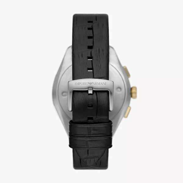 Emporio Armani Claudio watch caseback view showing black leather strap and buckle