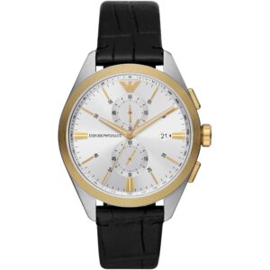 Emporio Armani Claudio chronograph watch with two-tone case, white dial, and black leather strap