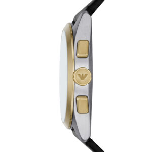Emporio Armani Claudio watch side view displaying case profile and gold chronograph pushers
