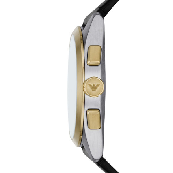 Emporio Armani Claudio watch side view displaying case profile and gold chronograph pushers
