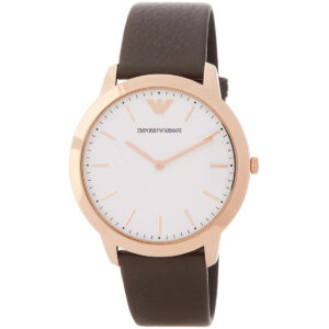 Emporio Armani Dino Slim AR1748 watch angled view showing rose gold case and dark leather strap