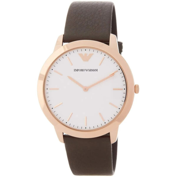 Emporio Armani Dino Slim AR1748 watch angled view showing rose gold case and dark leather strap