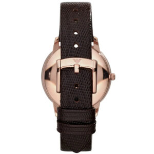 Emporio Armani Dino Slim AR1748 caseback view with rose gold case and dark leather strap