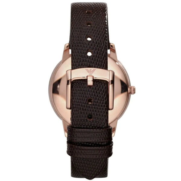 Emporio Armani Dino Slim AR1748 caseback view with rose gold case and dark leather strap
