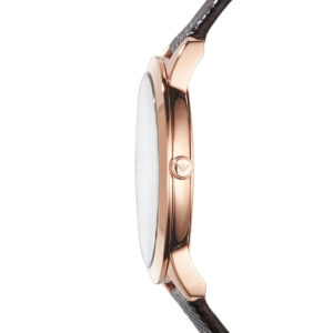 Emporio Armani Dino Slim AR1748 side profile showing rose gold case thickness and Emporio Armani eagle logo