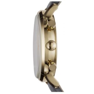 Side view of Emporio Armani Gianni watch showing gold-tone case and black leather strap