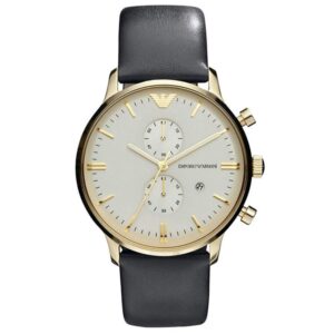 Emporio Armani Gianni gold-tone chronograph watch with cream dial and black leather strap