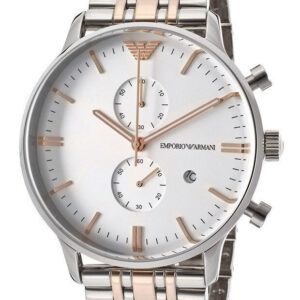 Emporio Armani Gianni XL chronograph watch angled view showing white dial and two-tone metal bracelet