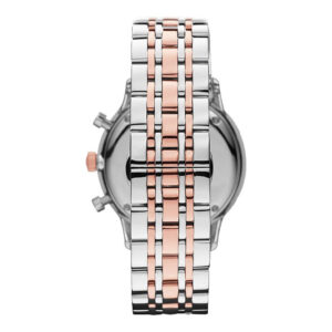 Emporio Armani Gianni XL watch caseback showing two-tone silver and rose gold bracelet detail
