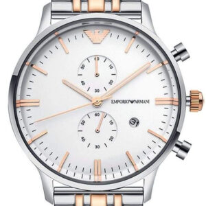 Emporio Armani Gianni XL two-tone chronograph watch with white dial, silver and rose gold bracelet
