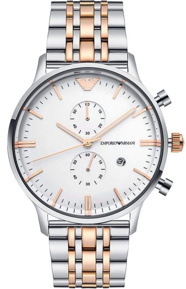 Emporio Armani Gianni XL two-tone chronograph watch with white dial, silver and rose gold bracelet