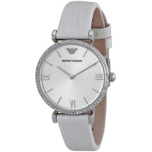 Emporio Armani Gianni T-Bar AR1680 angled view showing Roman numeral dial and white leather T-bar strap
