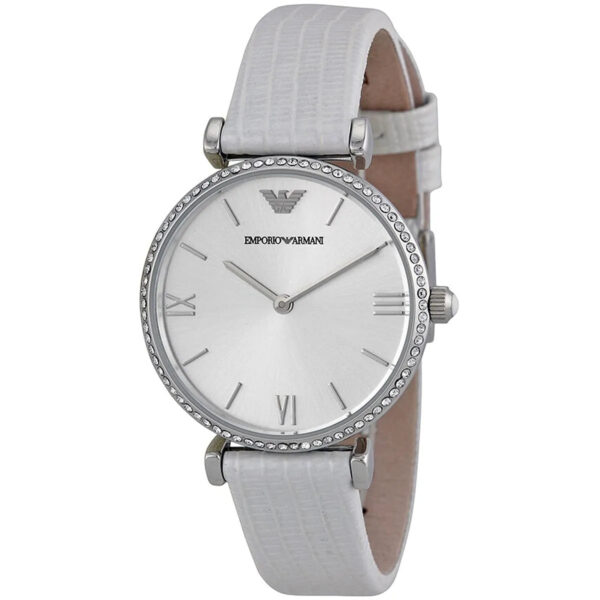 Emporio Armani Gianni T-Bar AR1680 angled view showing Roman numeral dial and white leather T-bar strap