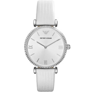 Emporio Armani Gianni T-Bar AR1680 women's watch with silver-tone case, crystal bezel, white dial and white leather strap