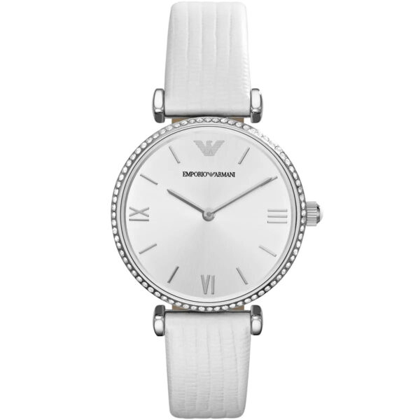 Emporio Armani Gianni T-Bar AR1680 women's watch with silver-tone case, crystal bezel, white dial and white leather strap