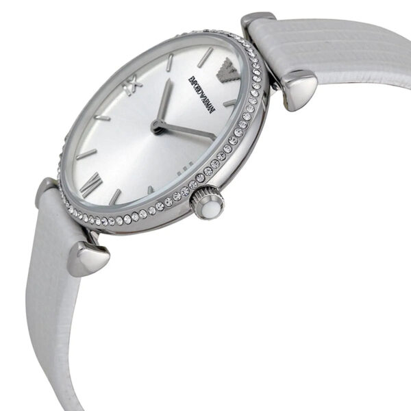 Emporio Armani Gianni T-Bar AR1680 on wrist showing crystal-set bezel and silver case profile