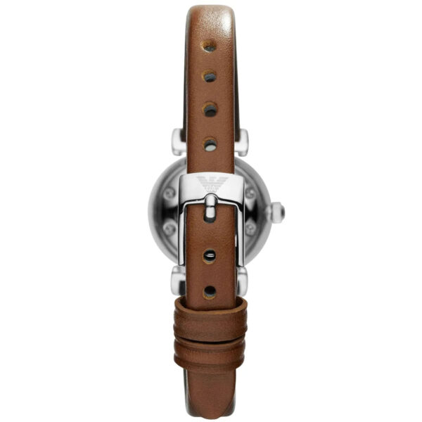 Brown leather T-bar strap with silver buckle clasp on Emporio Armani Gianni mini watch