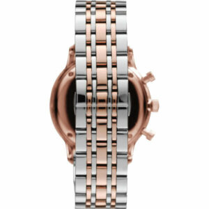 Side view of Emporio Armani Gianni watch showing rose gold case and metal strap