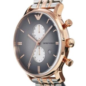 Side angle view of Emporio Armani Gianni chronograph with gray dial and mixed metal bracelet