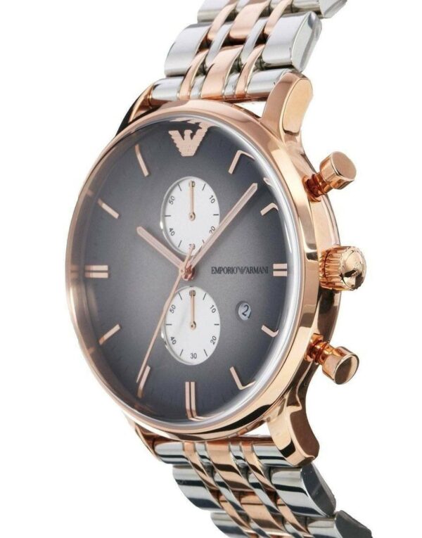Side angle view of Emporio Armani Gianni chronograph with gray dial and mixed metal bracelet