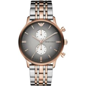 Emporio Armani Gianni gray chronograph watch with rose gold case and two-tone bracelet