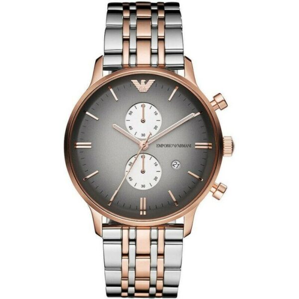 Emporio Armani Gianni gray chronograph watch with rose gold case and two-tone bracelet