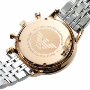Caseback of Emporio Armani Gianni AR1721 showing stainless steel and model number