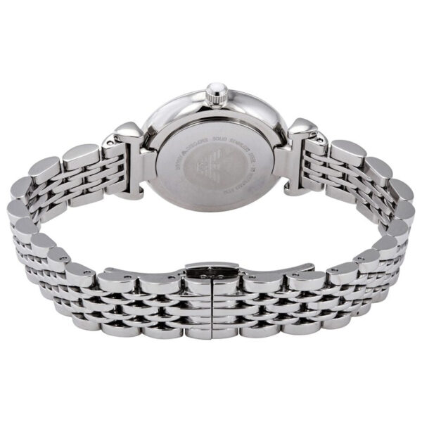 Caseback of Emporio Armani Gianni T-Bar watch with stainless steel bracelet