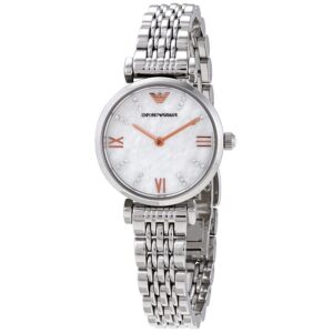 Emporio Armani Gianni T-Bar women's watch with white mother-of-pearl dial and silver bracelet