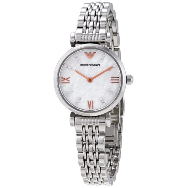 Emporio Armani Gianni T-Bar women's watch with white mother-of-pearl dial and silver bracelet