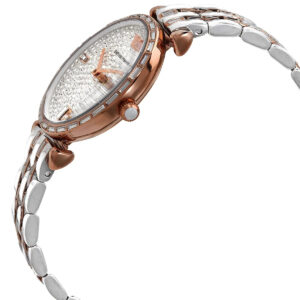 Emporio Armani Gianni T-Bar watch side angle showing rose gold case and stainless steel strap