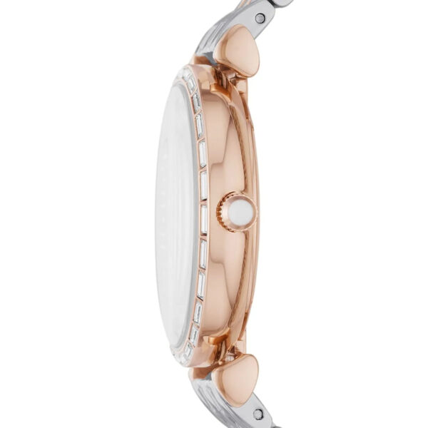 Emporio Armani Gianni T-Bar watch profile view with rose gold case and heart-shaped lugs