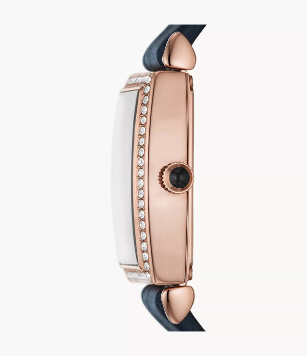 Side profile of Emporio Armani Gianni T-Bar watch displaying case thickness and crystal-set bezel detail