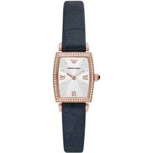 Emporio Armani Gianni T-Bar women's watch with rose gold case, diamond-set bezel, white dial, and navy leather strap