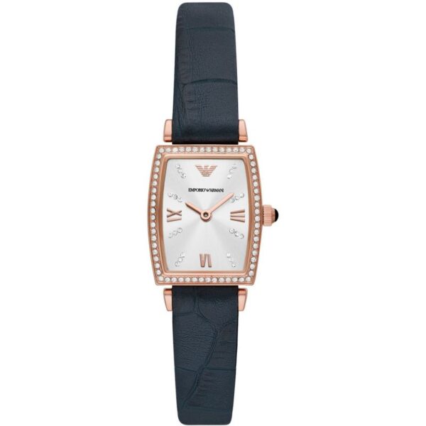 Emporio Armani Gianni T-Bar women's watch with rose gold case, diamond-set bezel, white dial, and navy leather strap