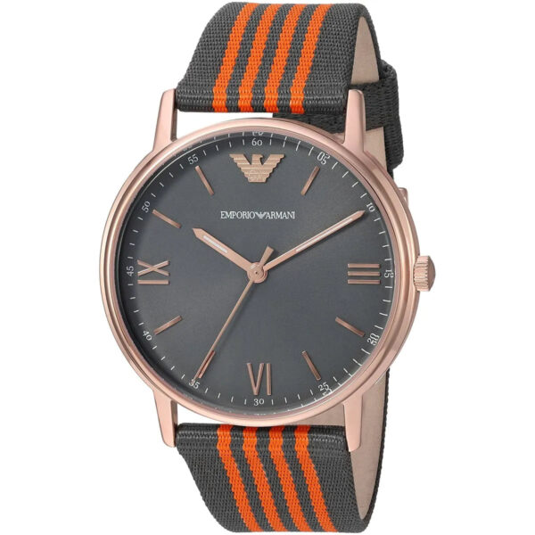 Three-quarter view of Emporio Armani Kappa AR11014 watch showing grey dial and striped nylon strap