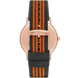 Caseback view of Emporio Armani Kappa AR11014 watch showing rose gold case and striped strap