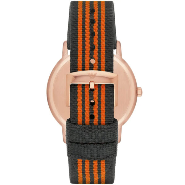 Caseback view of Emporio Armani Kappa AR11014 watch showing rose gold case and striped strap