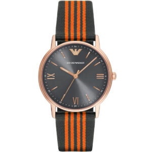 Emporio Armani Kappa AR11014 watch with grey dial, rose gold case, and orange and black striped nylon strap