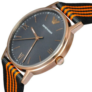 Emporio Armani Kappa AR11014 watch worn on wrist with orange and black striped strap visible