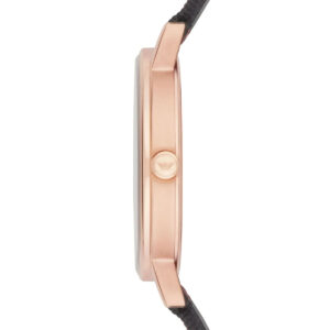 Side profile of Emporio Armani Kappa AR11014 watch showing rose gold case thickness and strap