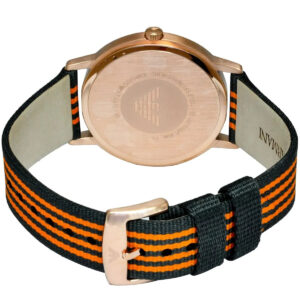 Orange and black striped nylon strap of Emporio Armani Kappa AR11014 watch with rose gold buckle