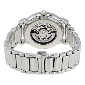 Emporio Armani Luigi watch caseback showing automatic movement and silver bracelet