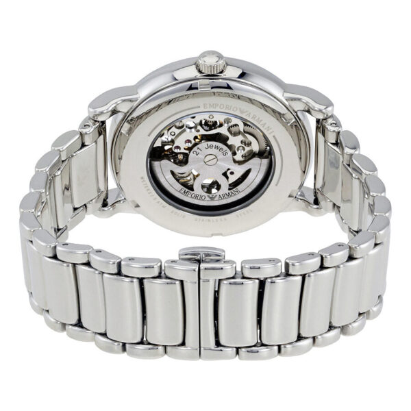 Emporio Armani Luigi watch caseback showing automatic movement and silver bracelet