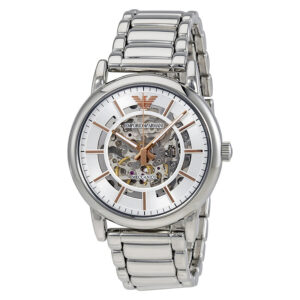 Emporio Armani Luigi silver automatic watch with skeleton dial and bracelet strap